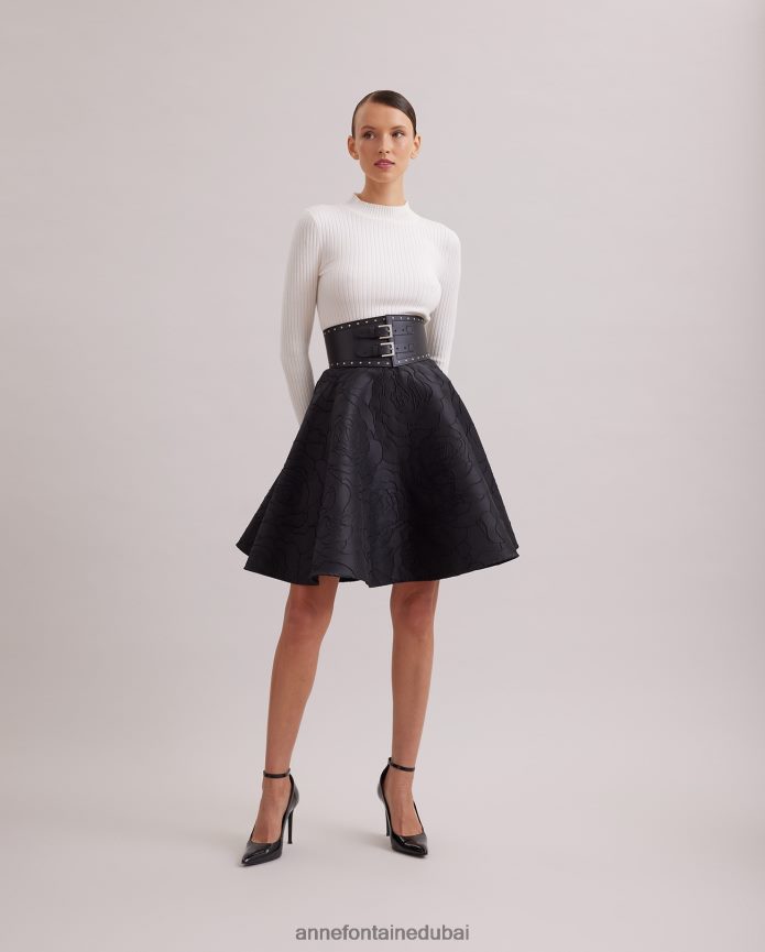 ملابس عبد اللطيف Anne Fontaine نحيف تنورة كوميدية تنورة جاكار دائرية مع نمط الورد المطرز أسود T622DL393
