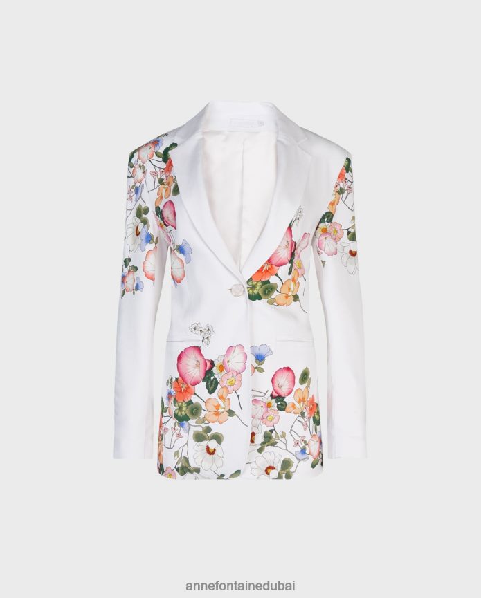 ملابس عبد اللطيف Anne Fontaine نحيف سترة ملونة - سترة طويلة الطول مع أنماط زهور ملونة في كل مكان أبيض T622DL398