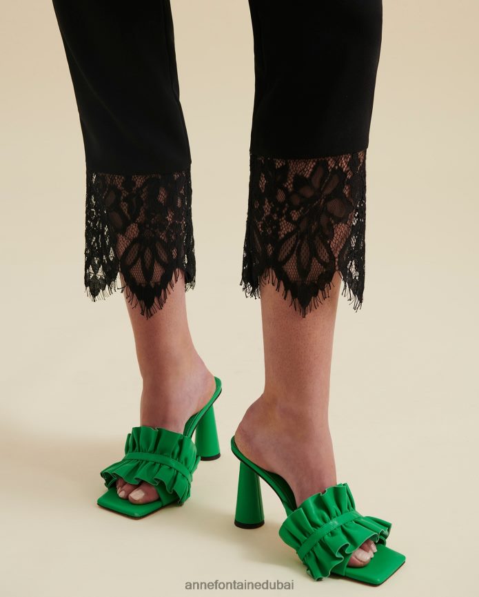 أحذية عبد اللطيف Anne Fontaine نحيف شبشب جلدي بكعب أموروسا مع تفاصيل مكشكشة أخضر T622DL39