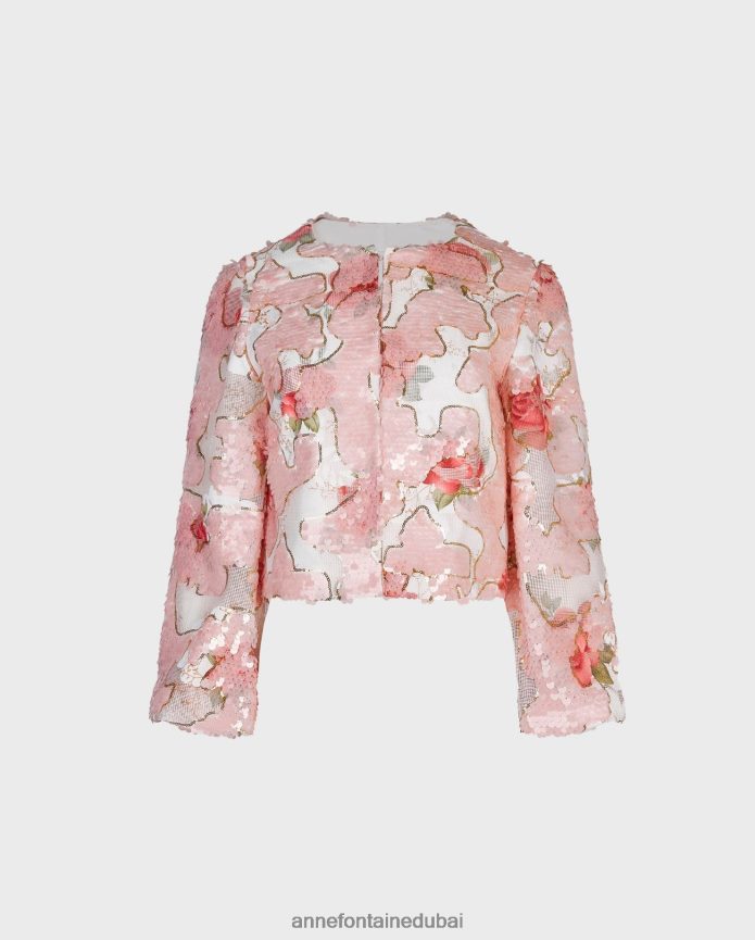 ملابس عبد اللطيف Anne Fontaine نحيف سترة بألوان مائية سترة قصيرة مع نمط وردة من الترتر وردي/ذهبي T622DL401