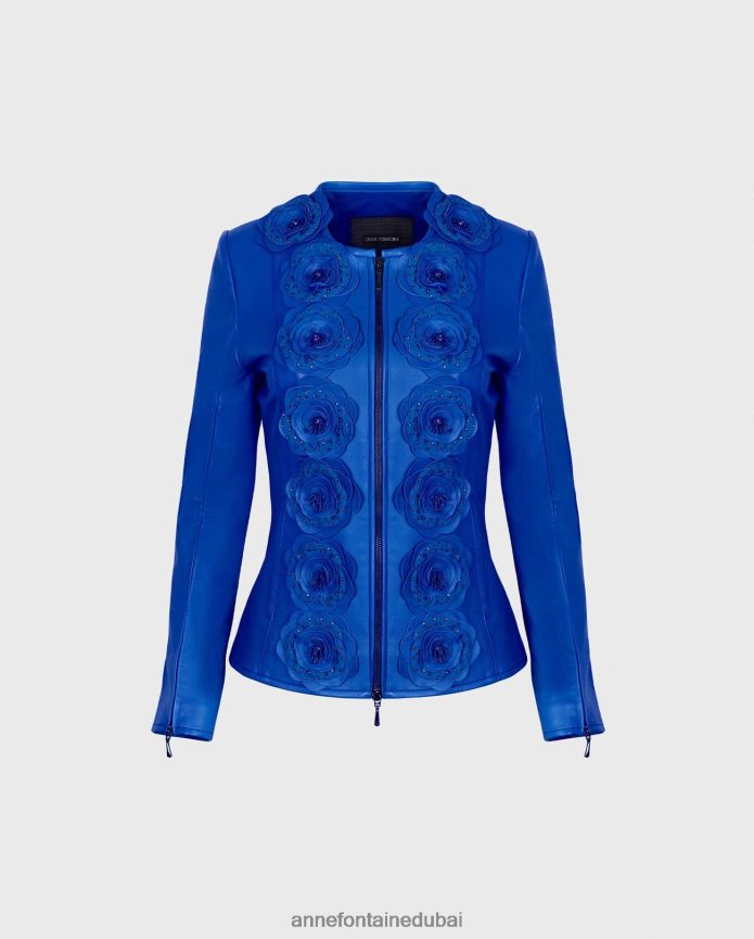 ملابس عبد اللطيف Anne Fontaine نحيف سترة لورينا سترة جلدية مع تفاصيل الأزهار أزرق T622DL402