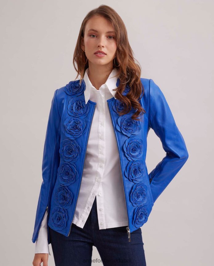 ملابس عبد اللطيف Anne Fontaine نحيف سترة لورينا سترة جلدية مع تفاصيل الأزهار أزرق T622DL402