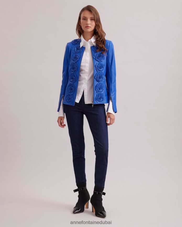 ملابس عبد اللطيف Anne Fontaine نحيف سترة لورينا سترة جلدية مع تفاصيل الأزهار أزرق T622DL402