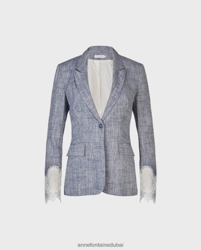 ملابس عبد اللطيف Anne Fontaine نحيف سترة فاتكسي سترة من الكتان بأكمام طويلة مع تطريز من الدانتيل أبيض T622DL404