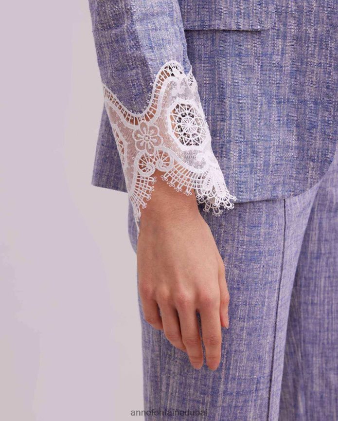 ملابس عبد اللطيف Anne Fontaine نحيف سترة فاتكسي سترة من الكتان بأكمام طويلة مع تطريز من الدانتيل أبيض T622DL404