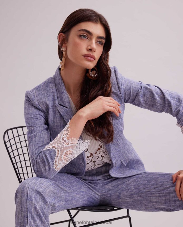 ملابس عبد اللطيف Anne Fontaine نحيف سترة فاتكسي سترة من الكتان بأكمام طويلة مع تطريز من الدانتيل أبيض T622DL404