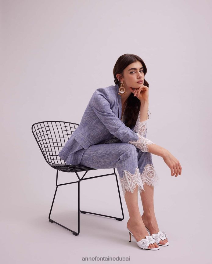 ملابس عبد اللطيف Anne Fontaine نحيف سترة فاتكسي سترة من الكتان بأكمام طويلة مع تطريز من الدانتيل أبيض T622DL404