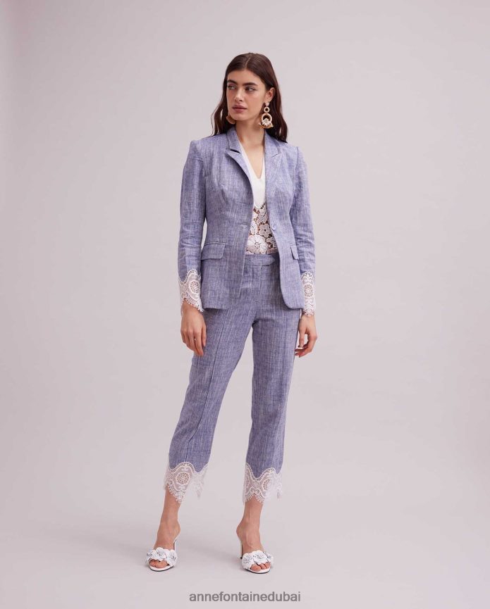 ملابس عبد اللطيف Anne Fontaine نحيف سترة فاتكسي سترة من الكتان بأكمام طويلة مع تطريز من الدانتيل أبيض T622DL404