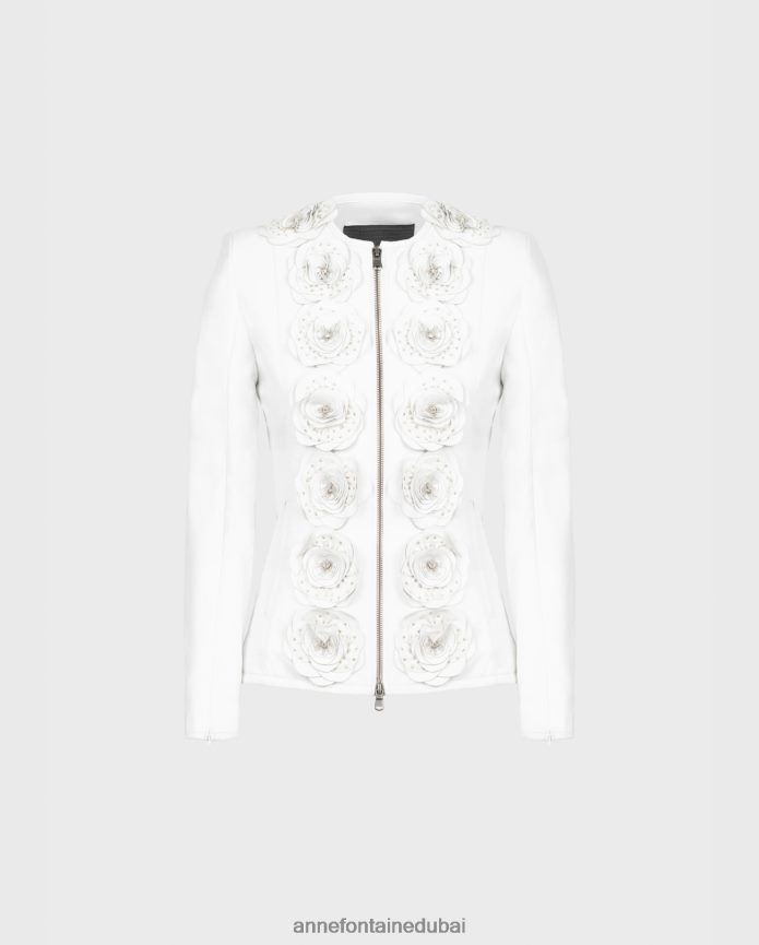 ملابس عبد اللطيف Anne Fontaine نحيف سترة لورينا سترة جلدية مع تفاصيل الأزهار أبيض T622DL405
