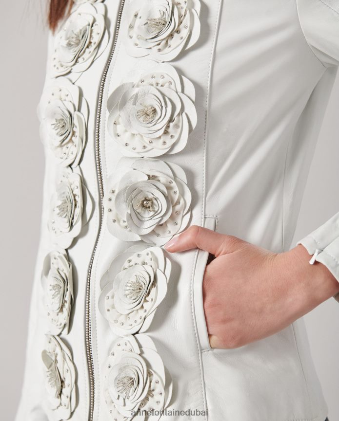 ملابس عبد اللطيف Anne Fontaine نحيف سترة لورينا سترة جلدية مع تفاصيل الأزهار أبيض T622DL405