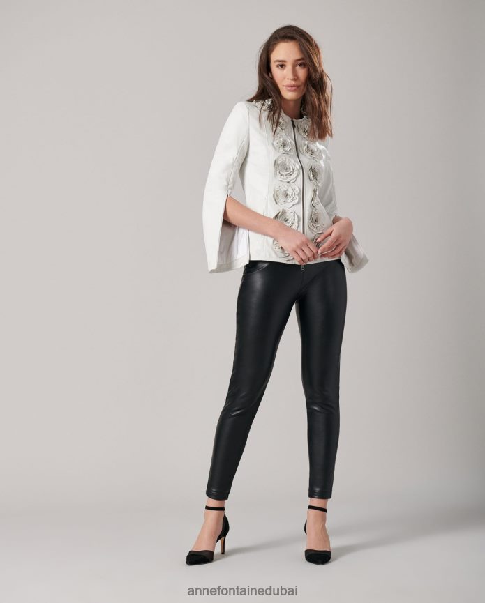 ملابس عبد اللطيف Anne Fontaine نحيف سترة لورينا سترة جلدية مع تفاصيل الأزهار أبيض T622DL405