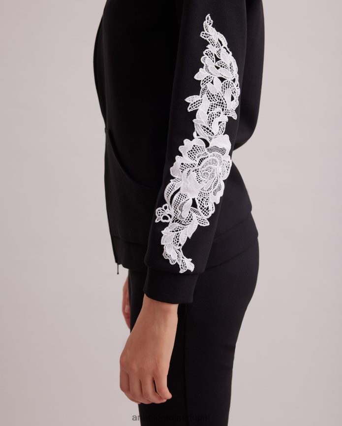 ملابس عبد اللطيف Anne Fontaine نحيف سترة منسوجة بغطاء للرأس مع سحاب أمامي وأكمام مطرزة أسود/أبيض T622DL408