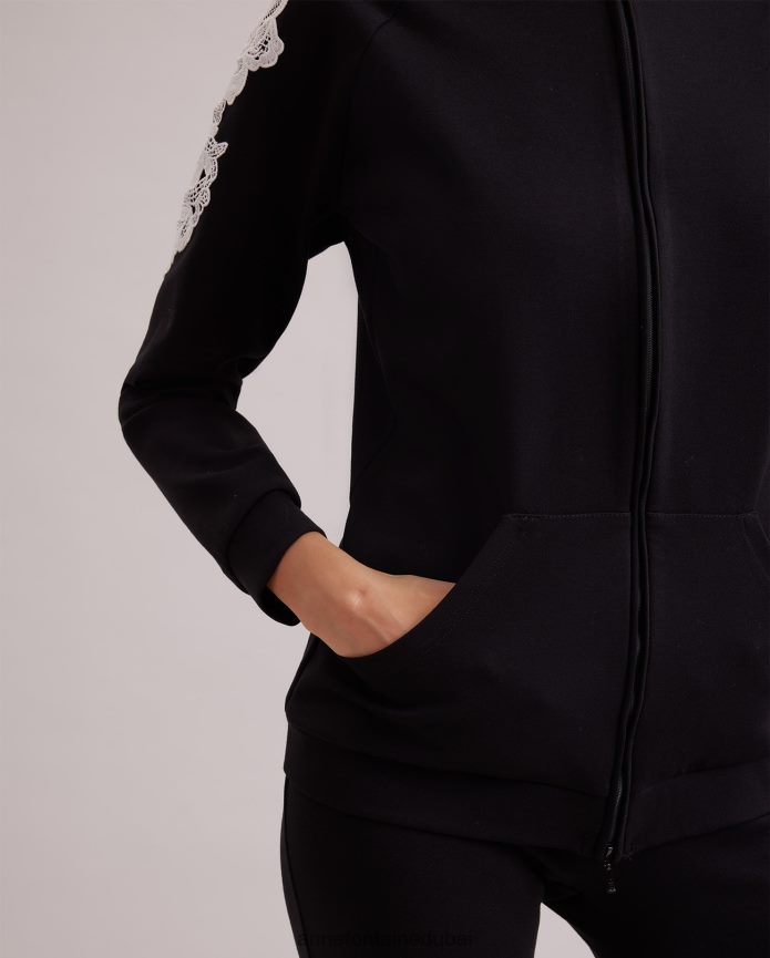 ملابس عبد اللطيف Anne Fontaine نحيف سترة منسوجة بغطاء للرأس مع سحاب أمامي وأكمام مطرزة أسود/أبيض T622DL408