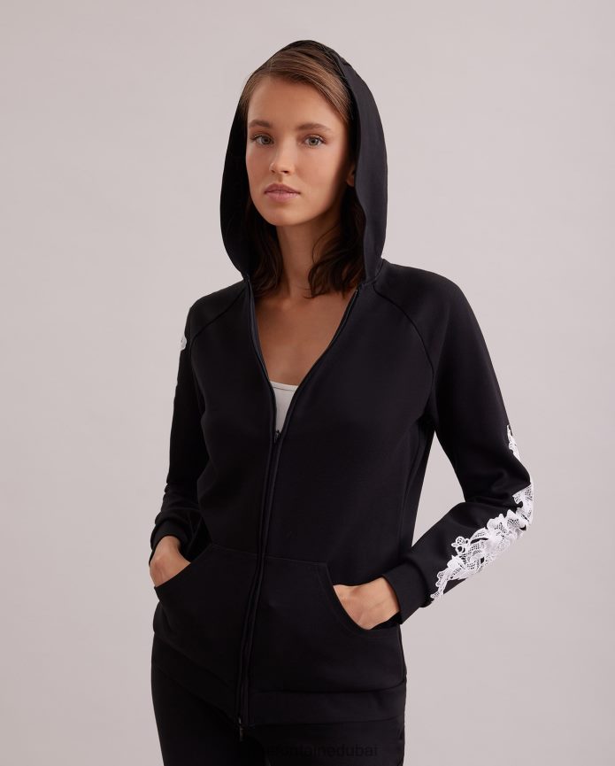 ملابس عبد اللطيف Anne Fontaine نحيف سترة منسوجة بغطاء للرأس مع سحاب أمامي وأكمام مطرزة أسود/أبيض T622DL408