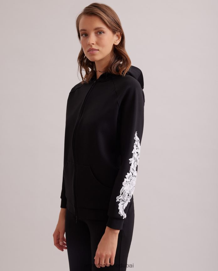 ملابس عبد اللطيف Anne Fontaine نحيف سترة منسوجة بغطاء للرأس مع سحاب أمامي وأكمام مطرزة أسود/أبيض T622DL408