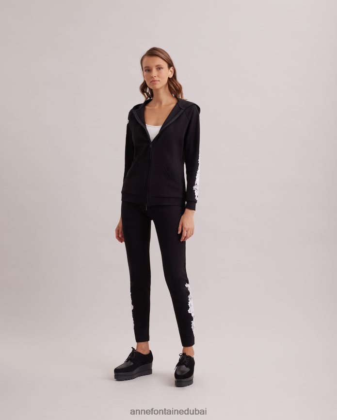 ملابس عبد اللطيف Anne Fontaine نحيف سترة منسوجة بغطاء للرأس مع سحاب أمامي وأكمام مطرزة أسود/أبيض T622DL408