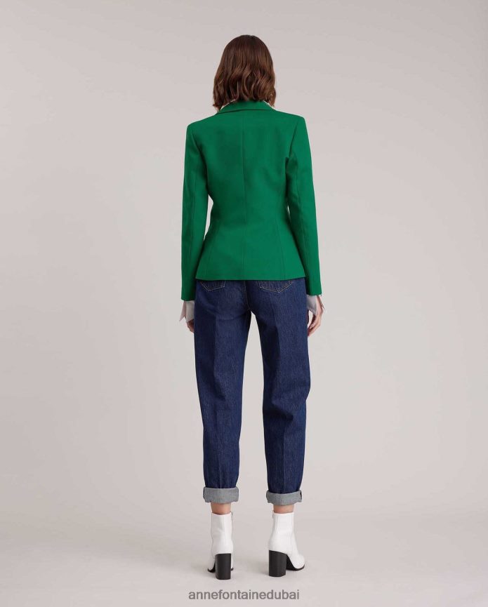 ملابس عبد اللطيف Anne Fontaine نحيف سترة كامبريدج بليزر مزخرفة بزر سلسلة مزخرف الذهب / الأخضر T622DL409