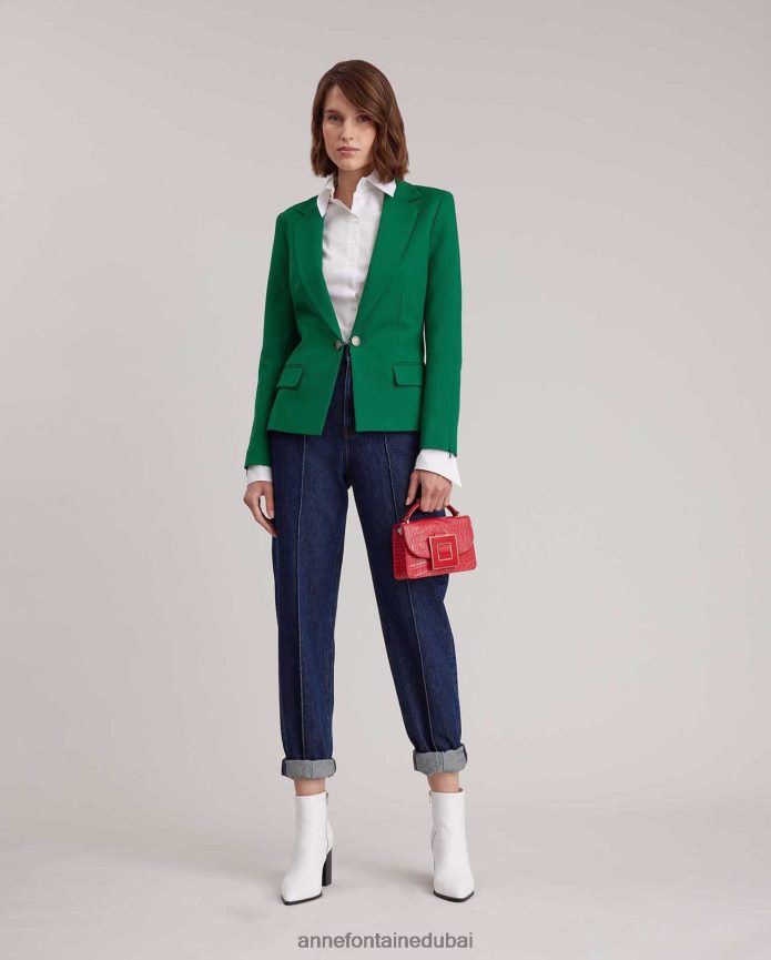 ملابس عبد اللطيف Anne Fontaine نحيف سترة كامبريدج بليزر مزخرفة بزر سلسلة مزخرف الذهب / الأخضر T622DL409