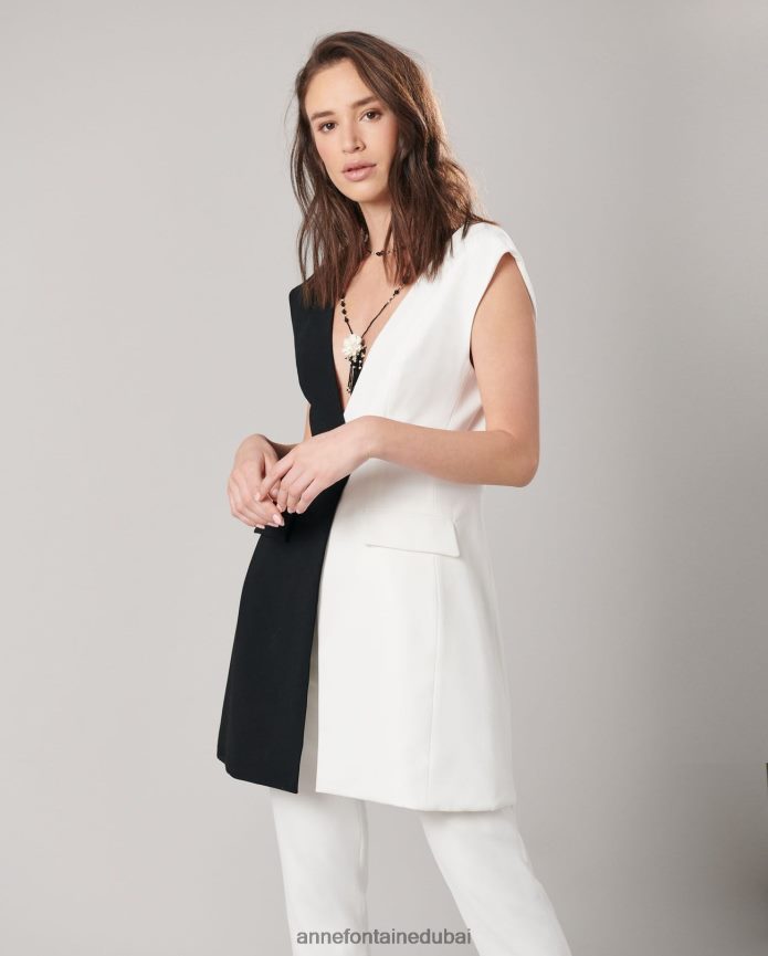 ملابس عبد اللطيف Anne Fontaine نحيف سترة كاتالينا سترة كريب ناعمة وطويلة أسود/أبيض T622DL415