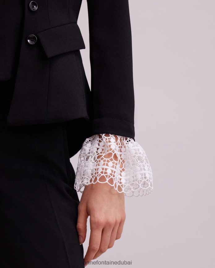 ملابس عبد اللطيف Anne Fontaine نحيف سترة مايسترو بأكمام طويلة من الكريب مع تفاصيل من الدانتيل أسود T622DL416