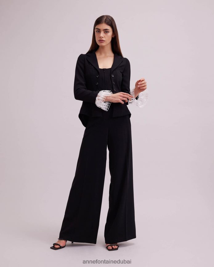 ملابس عبد اللطيف Anne Fontaine نحيف سترة مايسترو بأكمام طويلة من الكريب مع تفاصيل من الدانتيل أسود T622DL416