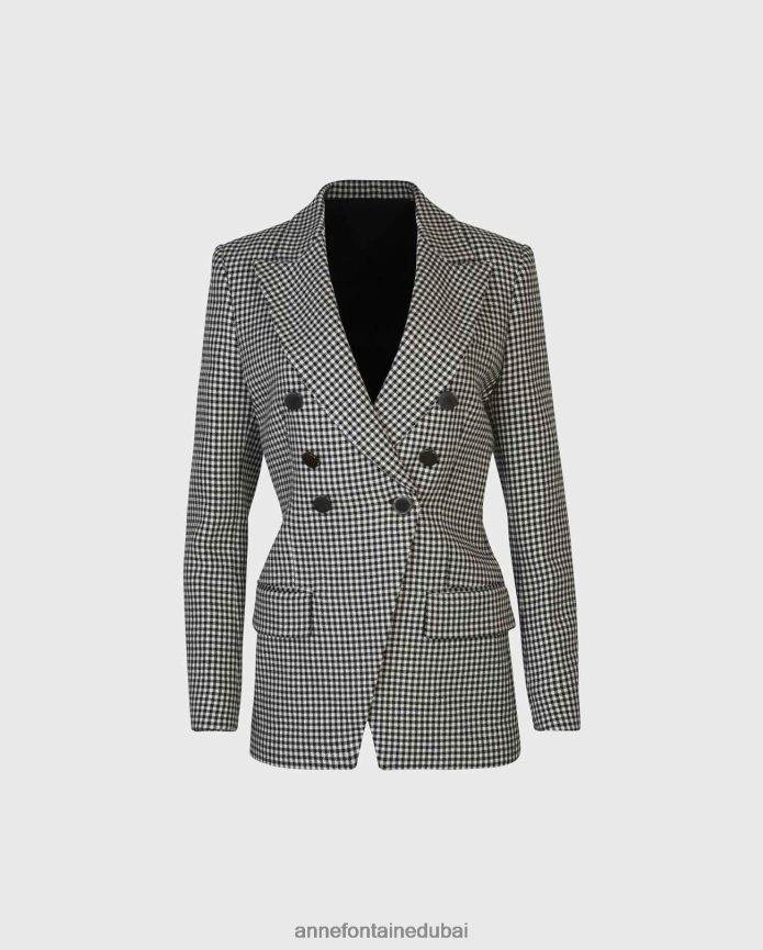 ملابس عبد اللطيف Anne Fontaine نحيف سترة شطرنج وسترة مزدوجة الصدر مع طية صدر مدببة أسود/أبيض T622DL419