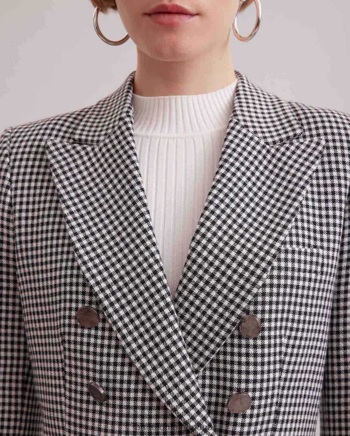 ملابس عبد اللطيف Anne Fontaine نحيف سترة شطرنج وسترة مزدوجة الصدر مع طية صدر مدببة أسود/أبيض T622DL419