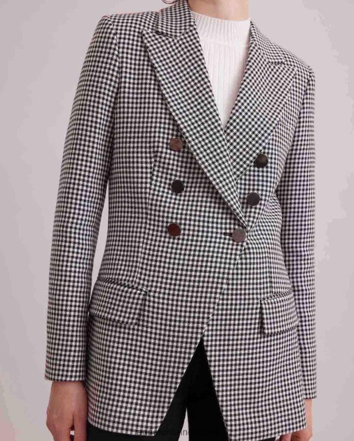 ملابس عبد اللطيف Anne Fontaine نحيف سترة شطرنج وسترة مزدوجة الصدر مع طية صدر مدببة أسود/أبيض T622DL419