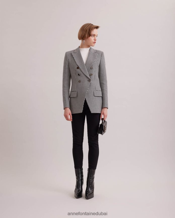 ملابس عبد اللطيف Anne Fontaine نحيف سترة شطرنج وسترة مزدوجة الصدر مع طية صدر مدببة أسود/أبيض T622DL419