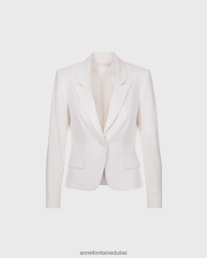 ملابس عبد اللطيف Anne Fontaine نحيف سترة ليدو سترة من الكريب مزخرفة بزر هندسي أبيض T622DL420