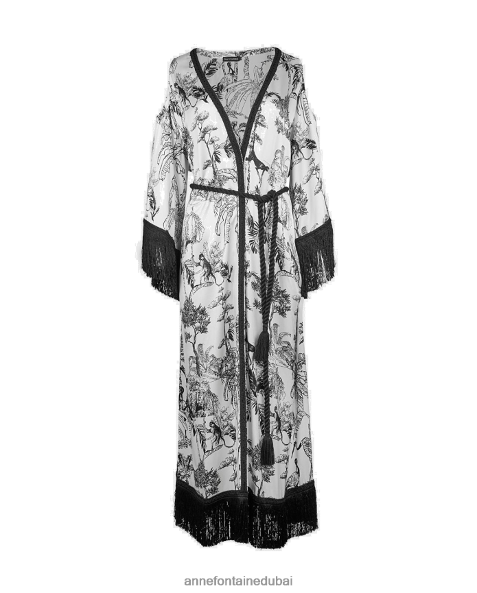 ملابس عبد اللطيف Anne Fontaine نحيف كيمونو كروازيت ورداء كيمونو مطبوع على شكل غابة مع حواف مهدبة أسود/أبيض T622DL424