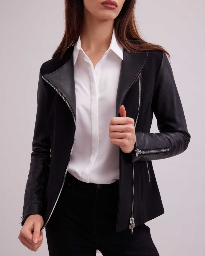 ملابس عبد اللطيف Anne Fontaine نحيف سترة فاتين سترة ثنائية المادة على طراز دراجة نارية أسود T622DL426