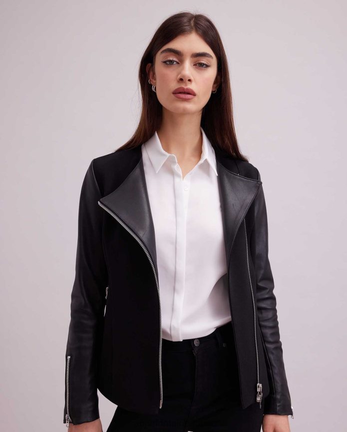 ملابس عبد اللطيف Anne Fontaine نحيف سترة فاتين سترة ثنائية المادة على طراز دراجة نارية أسود T622DL426