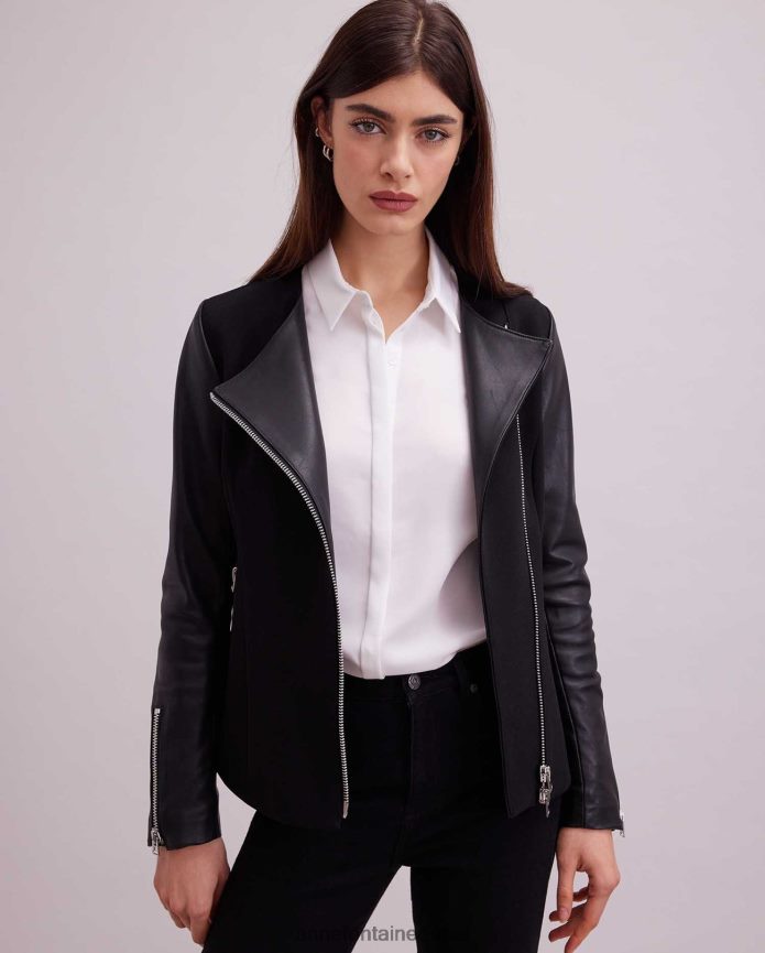 ملابس عبد اللطيف Anne Fontaine نحيف سترة فاتين سترة ثنائية المادة على طراز دراجة نارية أسود T622DL426