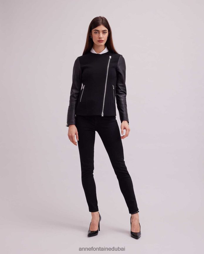 ملابس عبد اللطيف Anne Fontaine نحيف سترة فاتين سترة ثنائية المادة على طراز دراجة نارية أسود T622DL426