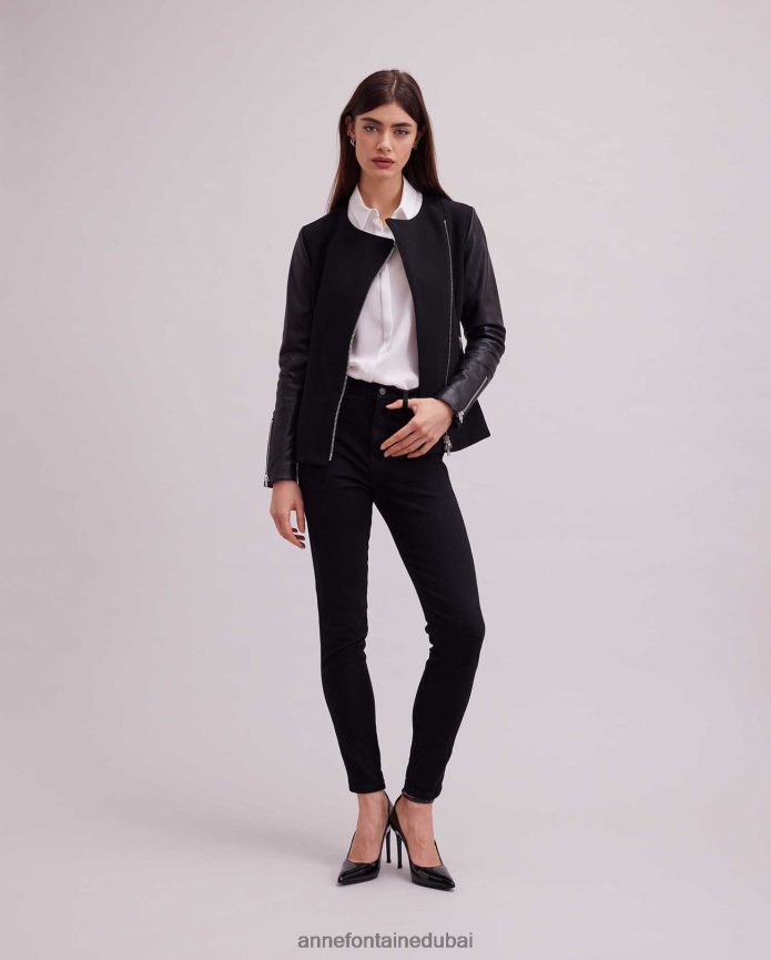ملابس عبد اللطيف Anne Fontaine نحيف سترة فاتين سترة ثنائية المادة على طراز دراجة نارية أسود T622DL426