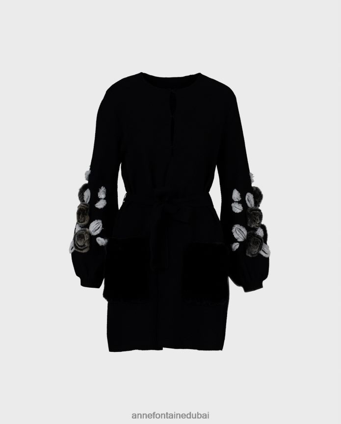 ملابس عبد اللطيف Anne Fontaine نحيف كارديجان فاشا كارديجان منسوج بأكمام واسعة وتفاصيل زهور أسود/أبيض T622DL427