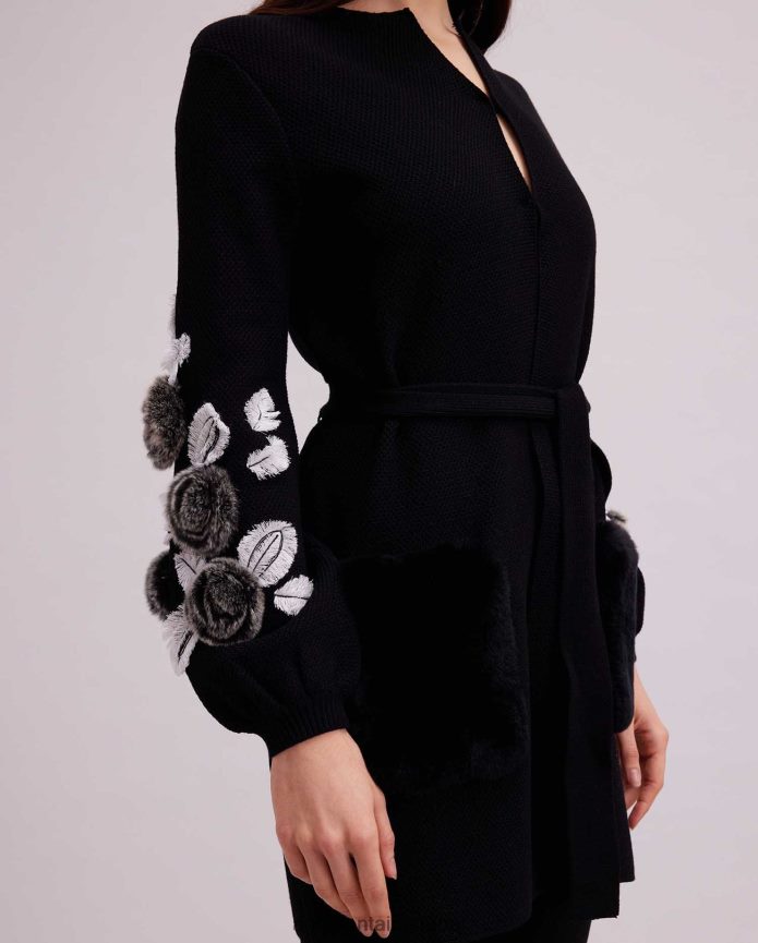 ملابس عبد اللطيف Anne Fontaine نحيف كارديجان فاشا كارديجان منسوج بأكمام واسعة وتفاصيل زهور أسود/أبيض T622DL427