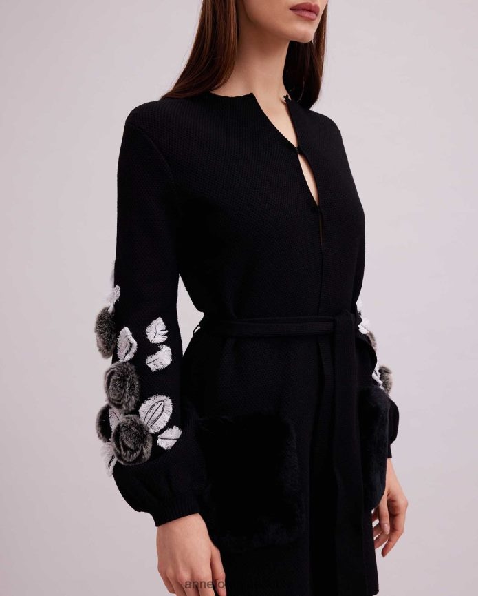 ملابس عبد اللطيف Anne Fontaine نحيف كارديجان فاشا كارديجان منسوج بأكمام واسعة وتفاصيل زهور أسود/أبيض T622DL427