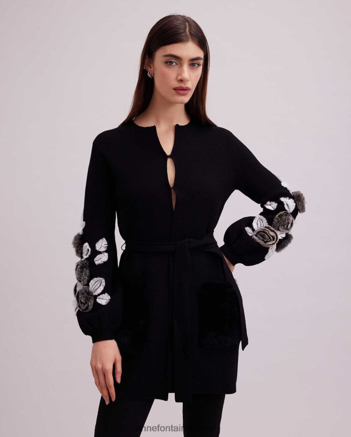 ملابس عبد اللطيف Anne Fontaine نحيف كارديجان فاشا كارديجان منسوج بأكمام واسعة وتفاصيل زهور أسود/أبيض T622DL427