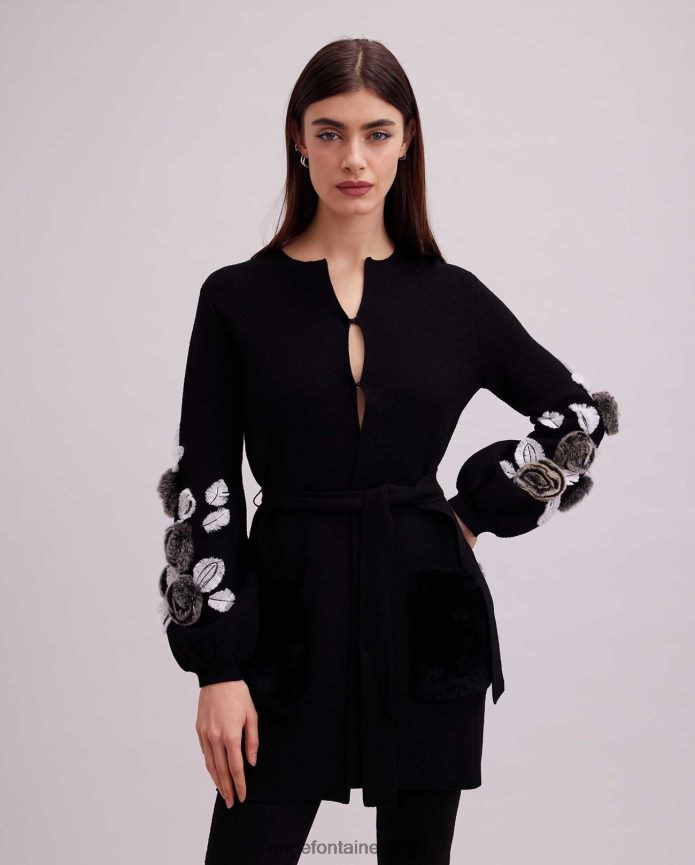 ملابس عبد اللطيف Anne Fontaine نحيف كارديجان فاشا كارديجان منسوج بأكمام واسعة وتفاصيل زهور أسود/أبيض T622DL427