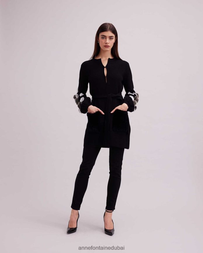 ملابس عبد اللطيف Anne Fontaine نحيف كارديجان فاشا كارديجان منسوج بأكمام واسعة وتفاصيل زهور أسود/أبيض T622DL427