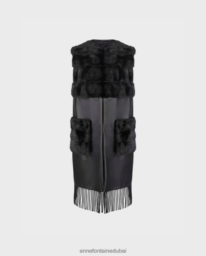 ملابس عبد اللطيف Anne Fontaine نحيف سترة أكاديمية مفتوحة من الأمام من الجلد تتميز بأهداب وحواف من الفرو أسود T622DL428