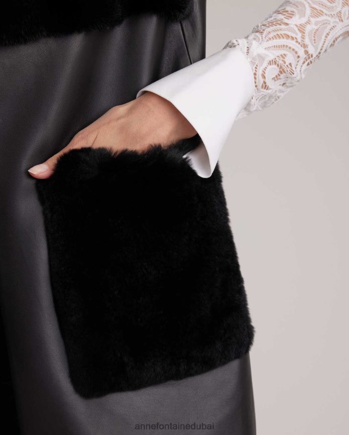 ملابس عبد اللطيف Anne Fontaine نحيف سترة أكاديمية مفتوحة من الأمام من الجلد تتميز بأهداب وحواف من الفرو أسود T622DL428