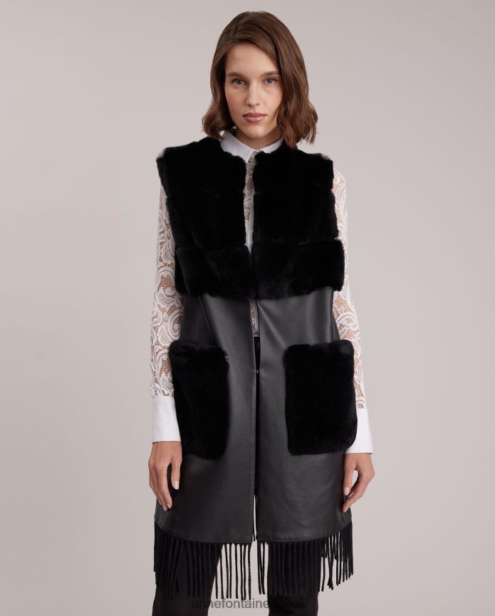 ملابس عبد اللطيف Anne Fontaine نحيف سترة أكاديمية مفتوحة من الأمام من الجلد تتميز بأهداب وحواف من الفرو أسود T622DL428