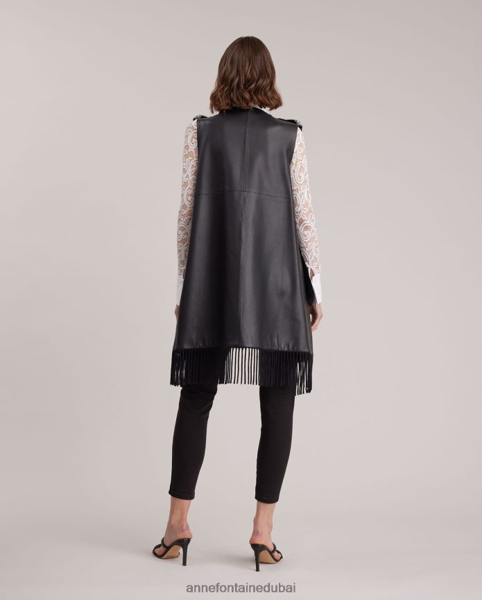 ملابس عبد اللطيف Anne Fontaine نحيف سترة أكاديمية مفتوحة من الأمام من الجلد تتميز بأهداب وحواف من الفرو أسود T622DL428