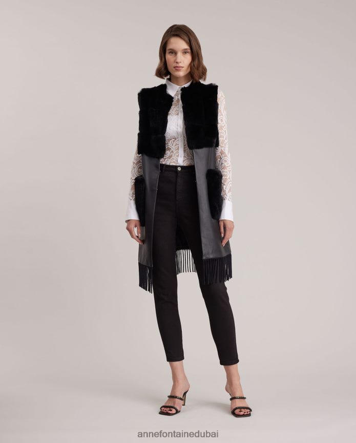 ملابس عبد اللطيف Anne Fontaine نحيف سترة أكاديمية مفتوحة من الأمام من الجلد تتميز بأهداب وحواف من الفرو أسود T622DL428