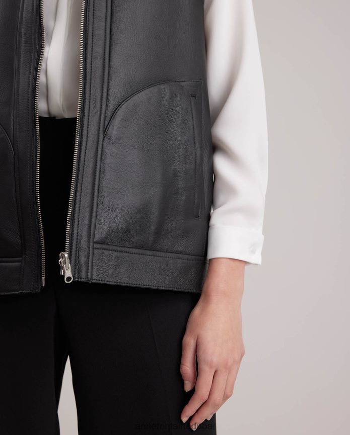 ملابس عبد اللطيف Anne Fontaine نحيف سترة المجتمع سترة من الجلد والصوف ذات وجهين مع ياقة وسحابات مكشوفة فضة T622DL429