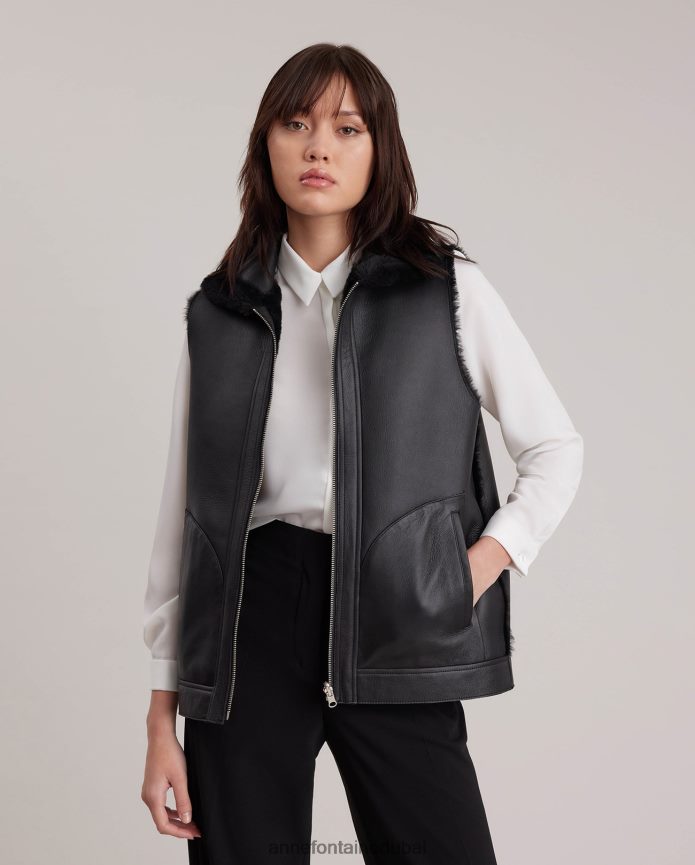 ملابس عبد اللطيف Anne Fontaine نحيف سترة المجتمع سترة من الجلد والصوف ذات وجهين مع ياقة وسحابات مكشوفة فضة T622DL429