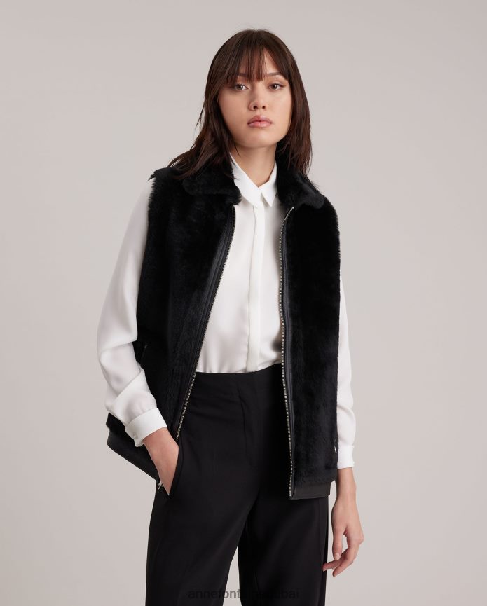 ملابس عبد اللطيف Anne Fontaine نحيف سترة المجتمع سترة من الجلد والصوف ذات وجهين مع ياقة وسحابات مكشوفة فضة T622DL429